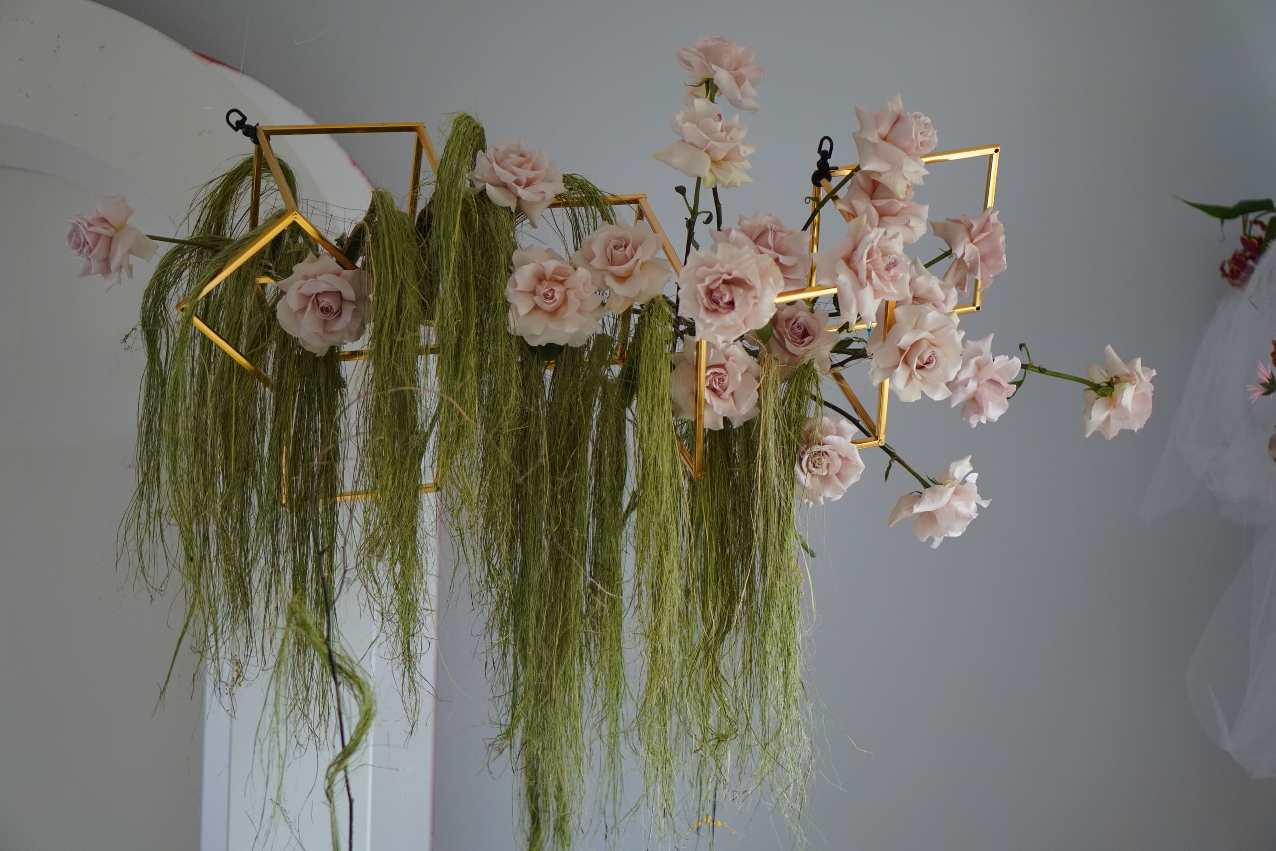 Blush roses, trailing greenery and gold frames, close up