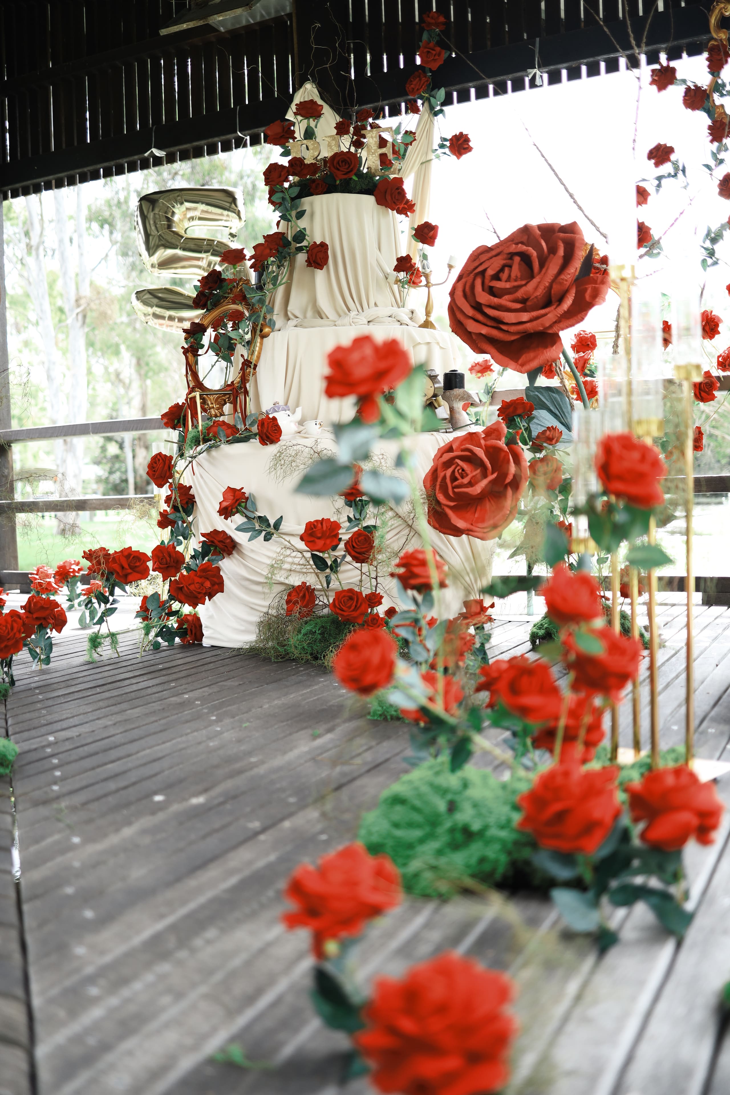 Red roses and moss along a timber deck