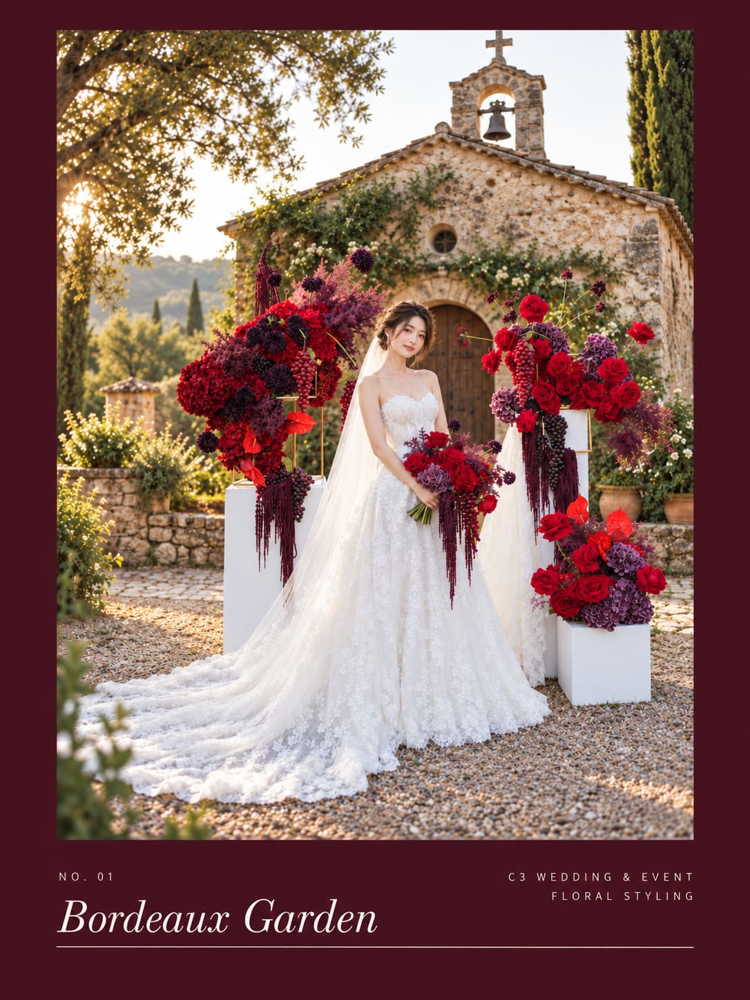 AI-generated concept visualisation of a bride beside Bordeaux Garden floral installations outside a stone chapel