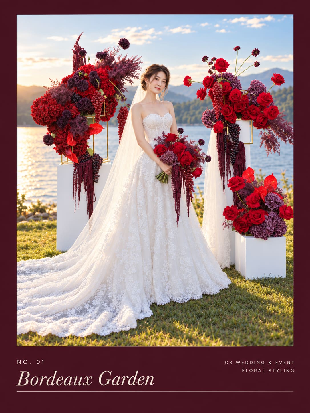 AI-generated concept visualisation of a bride beside Bordeaux Garden floral installations in a lakeside setting