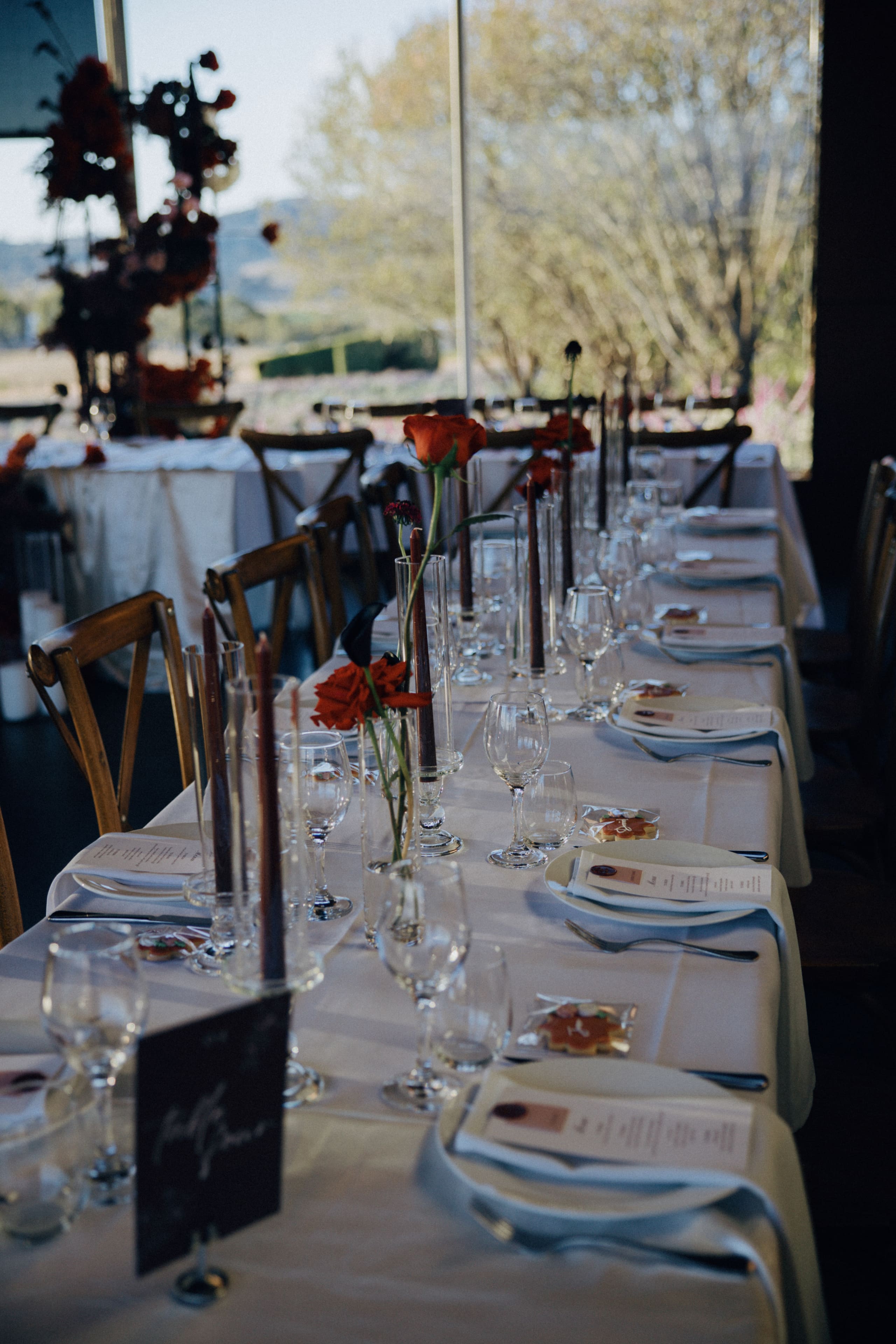 Long reception table with ivory linen, glassware and red florals in natural light