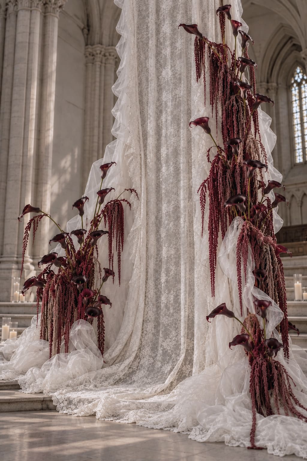 Tall burgundy amaranthus and calla lily installations beside long ivory lace in a stone cathedral